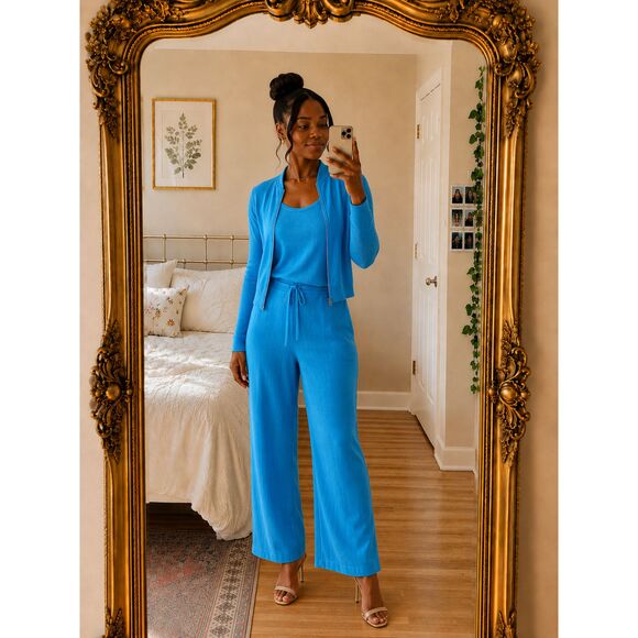 Bloomingdale's Pants - Vtg Bloomingdale's Blue Silk Linen 3 Piece Set M Jacket Pants Top Luxury